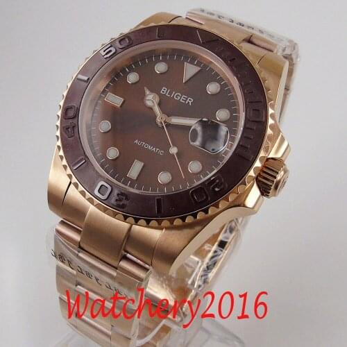 BLIGER Design Brand Luxury Watch Automatic Brown miyota Stainless Rose Gold Plated Sapphire Ceramic Bezel Mechanical Mens Watch
