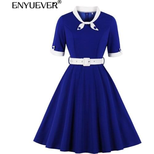 Enyuever Elegant Vintage Dresses 50s 60s Retro Women Clothing Half Sleeve V Neck Patchwork Robe Pin Up Swing Casual Dresses