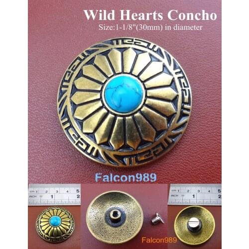 KB307) 6pcs Antique-Bronze 1-1/8'' Wild Hearts Conchos Turquoise Stone Concho Leather Craft Button Tool Set - Sewing NEW