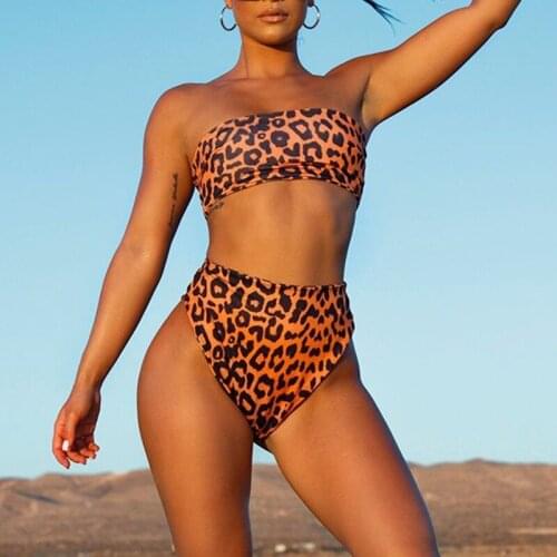 Leopard Bikini Push Up Swimsuit Sexy Women High Waist Brazilian Bikini Set New Tube top Bathing Suit Bandeau Beach Wear Swimwear