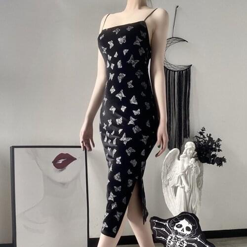 Summer Gothic Dress Woman 2021 Y2K Sexy Vintage Splice Long Dress Harajuku Punk Backless Butterful Print Party Bodycon Dress