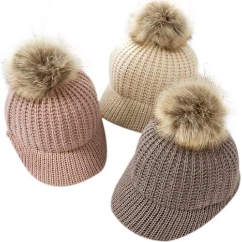 Fashion Knitted Baby Hat Pompom Winter Cap for Kids Adjustable Solid Baby Winter Hat Accessories Children Cap for 2-5 Years 1PC