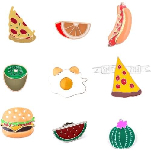 New Cartoon Fruits Brooches Watermelon Burger Egg Pizza Hot dog Badge Enamel Lapel clothes Hat Pins Brooch Child Gifts jewelry
