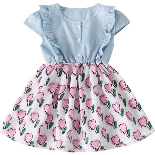 OPPERIAYA Baby Girls Lovely Summer Dress Ruffle Short Sleeve Button Closure Top and Heart Printed Skirt Hem Patchwork Dresses