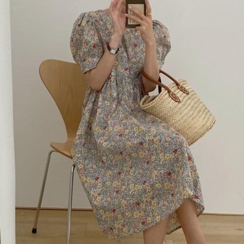 2021 Summer Vintage Dress Long Floral Pleat Dress Women Round Collar Loose High Waistline Midi Sundress Casual Vestidos 14539