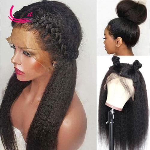 HD Transparent 13x6 Kinky Straight Lace Front Wig Yaki Full Human Hair Lace Frontal Wigs 1B Pre Plucked Baby Hair Glueless