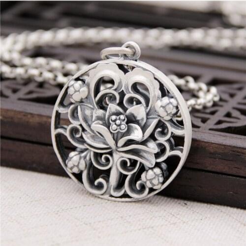 Silver Nose S990 Sterling Silver Round Sweater Chain Big Pendant Female Thai Silver National Wind Retro Necklace Pendant