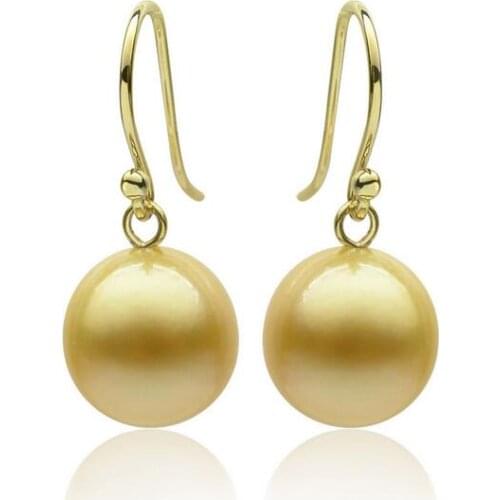 10.5-11mm Natural Golden Real South Sea Pearl Hook Drop Earrings 14k Yellow Gold