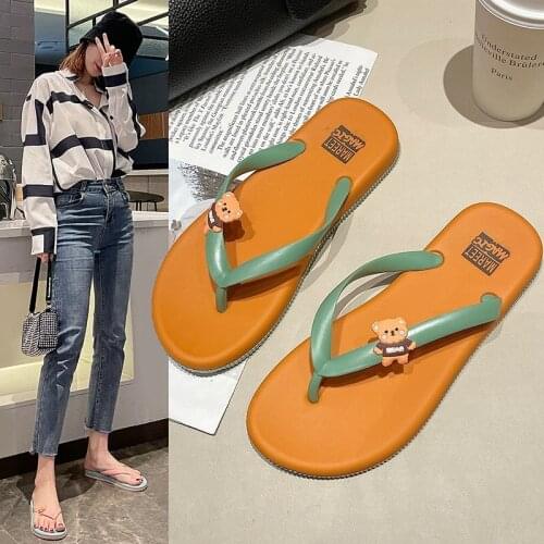 2021 Summer Fashion Flat with Cute Bear Women Slippers Soft Outdoor Beach Flip Flops Plus Size Shoes Bathroom Bedroom Slides
