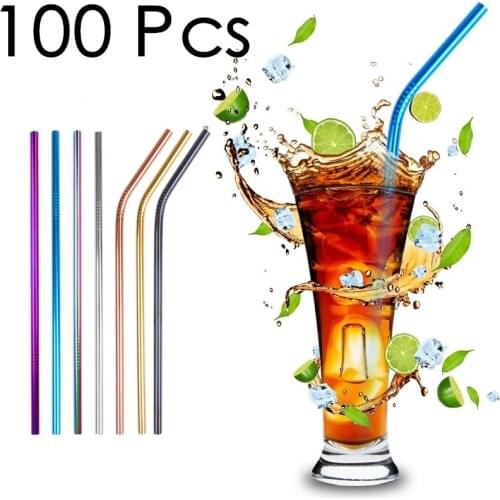 Food Grade Stainless Steel Straw Reusable Carry With You Metal Drinking Long Straws :100pcs Straws + 10pcs Brushs + 100pcs Bag