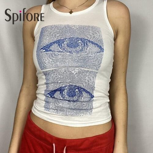 Spifore Summer Tie Dye Tank Top 2021 Y2K Sleeveless Eye Printing Sheath Tops Women High Street O Neck Fashion Crop