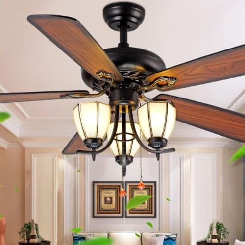 LED Fan Light Restaurant American Wood Leaf Fan Lamp European Antique Remote Control Ceiling Fan with Light Creative Decoration