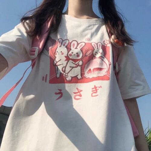 Ulzzang Cute Rabbit Cartoon Sweet Anime Girl Streetwear Japan Harajuku Summer Pink Fun Kawaii Fashion Loose Oversized T-Shirt