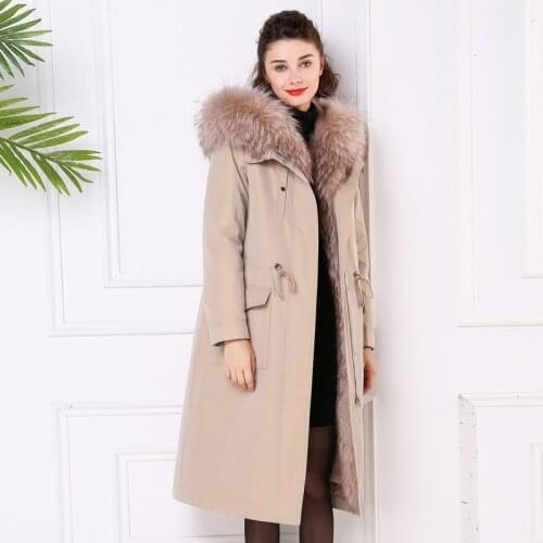 Big Large Natural Raccoon Collar Hooded Long Jacket Women Real Rabbit Fur Inside Coat Parka Ladies Winter Warm Outwear
