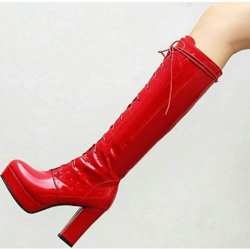 Patent PU Leather Women Knee High Boots Platform Thick High Heel Women Shoes Zipper Cross Tied Women Winter Boots Black Red
