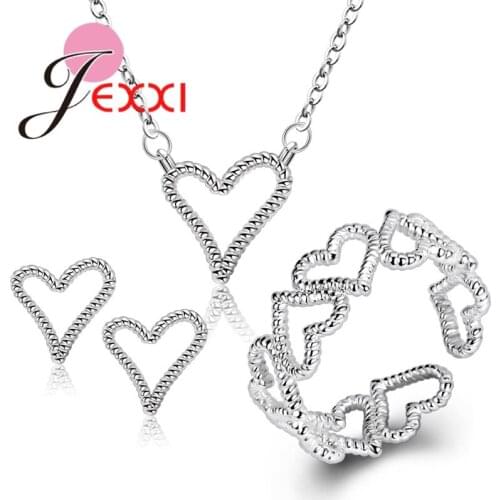 Top Quality Fashion Heart Shape Jewelry Set For Women 925 Sterling Silver Accessories Pendant Necklace Earrings Finger Rings