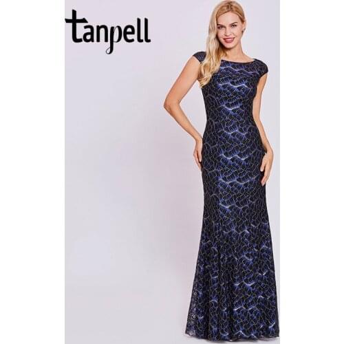Tanpell lace mermaid evening dresses black hollow cap sleeveless floor length gown women bateau neck long formal evening dress