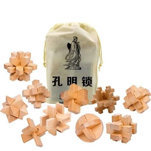 10PCS/SET Mini Design IQ Brain Teaser Kong Ming Lock 3D Wooden Interlocking Burr Puzzles Game Toy Wood Small Size Adults Kids