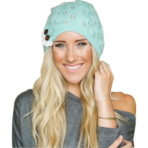 2020 button wool knit weave hat leaf lace Ms. warm knitting autumn winter models fashion solid casual caps 5 colors