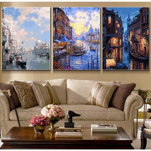 5D Diy Diamond Painting 3pcs Town River Landscape Cross Stitch Kits Full Square Round Embroidery Mosaic Wall Decor ArtZP-2688