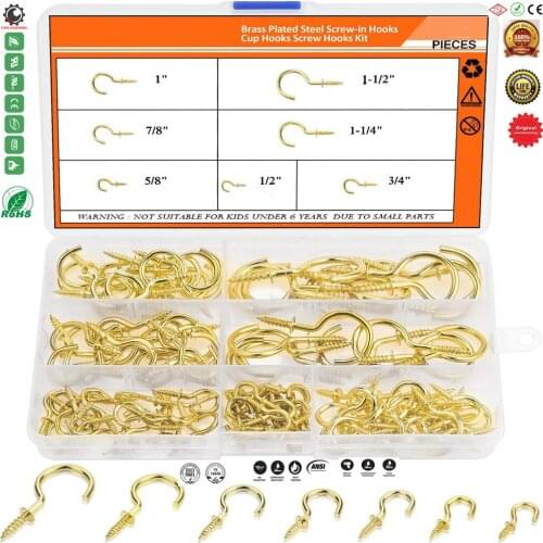 6 Sizes Metal Screw-in Ceiling Hooks Cup Hooks Kit,Gold Ceiling Cup Hooks Self-Tapping Screws Hooks for Home/Workplace/Office