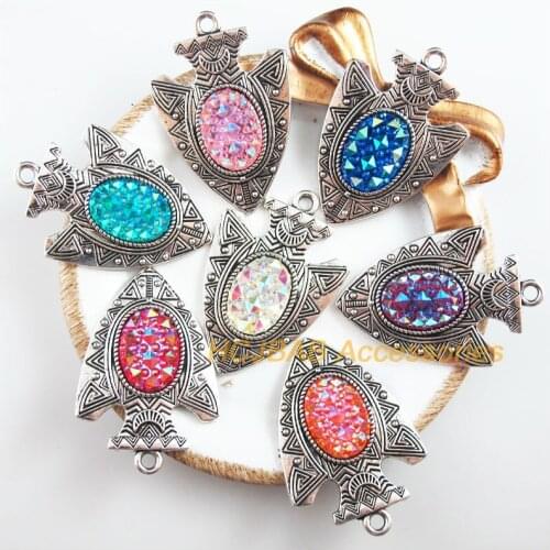 7 New Shield Charms Tibetan Silver Tone Retro Mixed Oval Resin Pendants 31x45.5mm