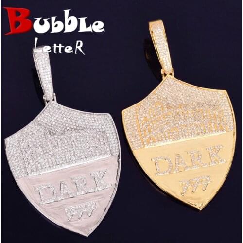 No Chain Iced Out Full Zircon Shield Pendant Gold Color Necklace Charm Mens Hip Hop Rock Street Jewelry