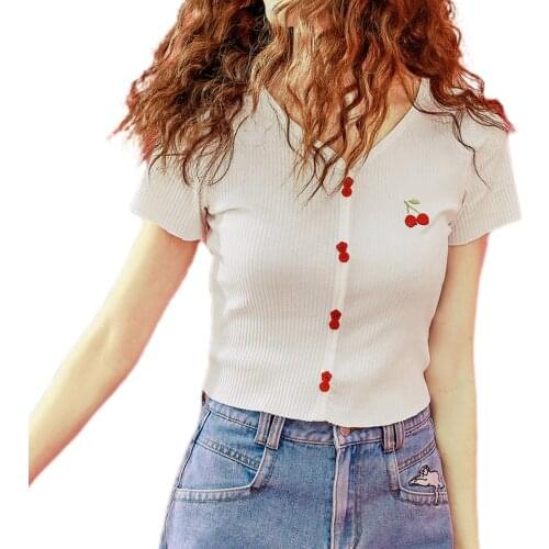 Girls Temperament Cherry Embroidery Knitwear, Summer Ladies Sweet Style Short Sleeve V-neck Base Shirt Slim Crop Top