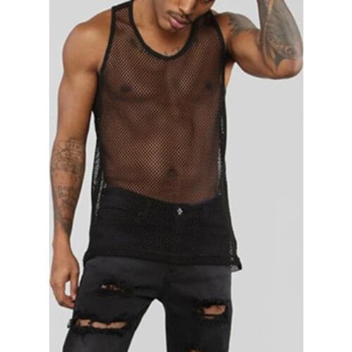 Mens Undershirts Sleeveless Gay Stripe Transparent Solid Tops Tees Vest Mesh Sexy Male Bottoming Shirt Men Summer Wear