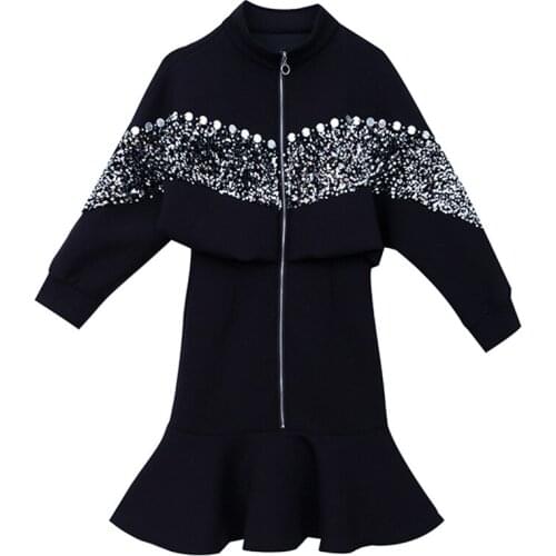 Plus Size Autumn Winter Elegant Sequins Sweatershirt Top And Mermaid skirt Two Piece Set For Women Tracksuit