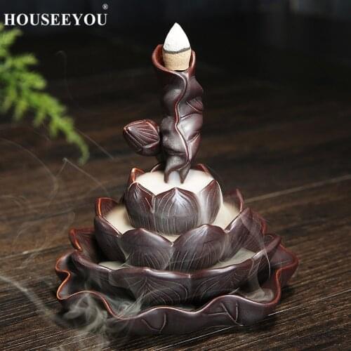HOUSEEYOU Delicate Lotus Black Waterfall Ceramic Backflow Incense Burner Holder Censer Stove Home Office Decors 13*13cm