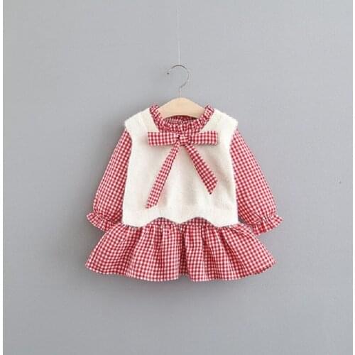 Toddler Girls Buffalo Plaid Baby Dress Autumn Long Sleeve Princess Party Tutu Dresses with Knit Vest Christmas Girls Clothing