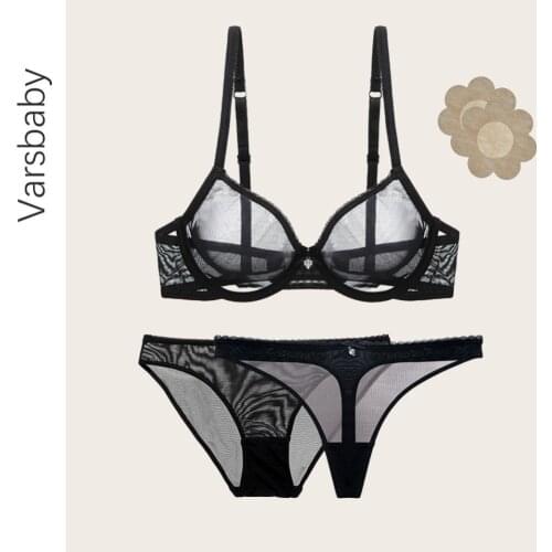 Varsbaby sexy bra+panties+thongs 3PC temptation mesh lace plus size bra and panty transparent unlined BCDE cup underwear set