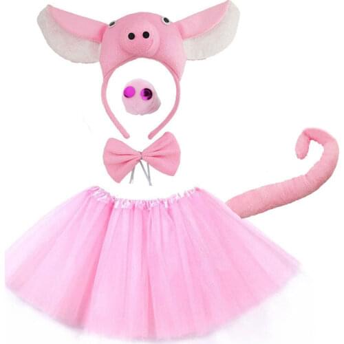 Kids Teens Pig Costume Tutu Set Skirt with Headband Tail Bow Tie Nose for Kids Girls Women Animal Theme Party Cosplay Halloween