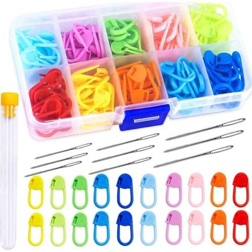 LMDZ 120Pcs Knitting Crochet Stitch Markers,Colorful Knitting Markers Crochet Clips with 9 Pieces Big Eye Sewing Needles