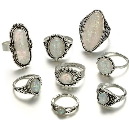 HuaTang 8pcs/set Womens Fashion Silver Color Ring Geometric Big Opal Rhinestone Ring Sets for Women Girl Knuckle Rings Jewelry