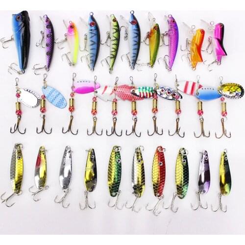 Fishing Lure Kit 30 Pieces Set Compound Bait Salix Leaf Rotating Spinner Bait Spoon Lures Minnow Popper Pencil