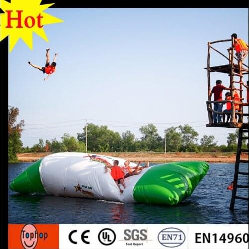 Inflatable water launch pad jumping blob for sale factory price China 10*2*1m 0.9mm PVC tarpaulin green white color