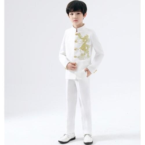 Boys Chinese Tunic Dress Suit Set Kids Chinese Stand-up Collar Blazer Pants 2pcs Clothing Set Child Handsome Host Chorus Costume