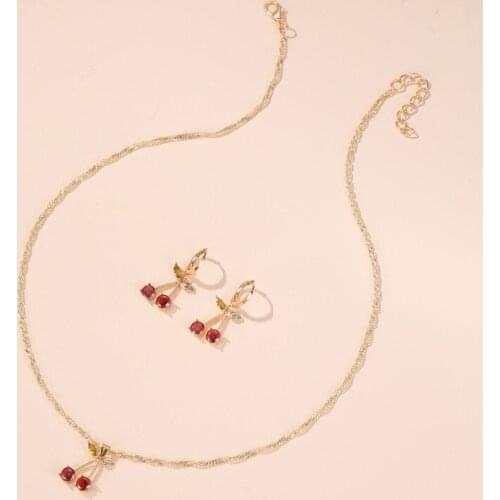 Necklace Elegant Crystal Earrings Jewelry Red Cherry All-match Womens Wedding Simple