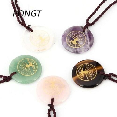 PONGT Natural Stone Round Tree Of Life Necklace Pendant Reiki Carving Healing Crystal Quartz Necklace For Women Charm Jewelry