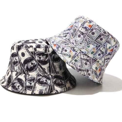 New Dollar Print Bob Chapeau Streetwear Men Bucket Hats Two Side Reversible Fisherman Hat Outdoor Gorros Pescador Hip Hop Cap