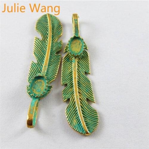 Julie Wang 20PCS Zinc Alloy Antique Bronze Vintage Green Feather Charms For Jewelry Making Necklace Pendants Accessories