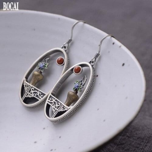 S925 pure silver creative design female earrings fashionable Chinese style burnt blue flower arrangement Guanyin bottle earrings