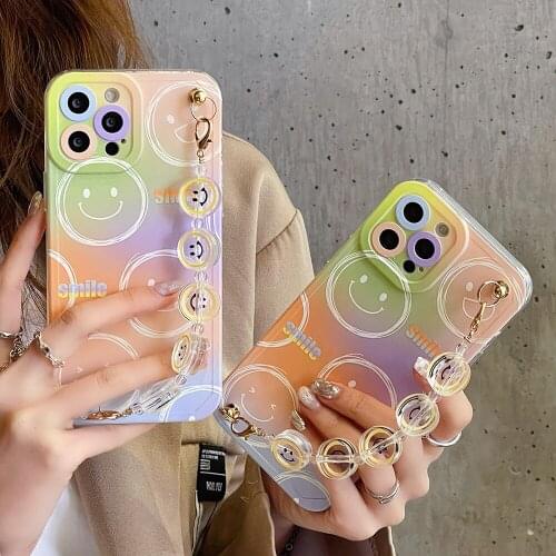 Korea Gradient Smiley Wrist Chain Phone Case For iPhone 12 Pro 11 Pro Max XR XS 8 Plus Shockproof Clear Soft TPU Silicone Shell