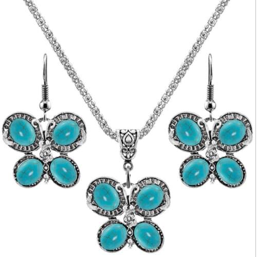 FYJS Unique Silver Plated Butterfly Shape Pendant Link Chain Necklace Green Turquoises Stone Earrings Temperament Jewelry Sets