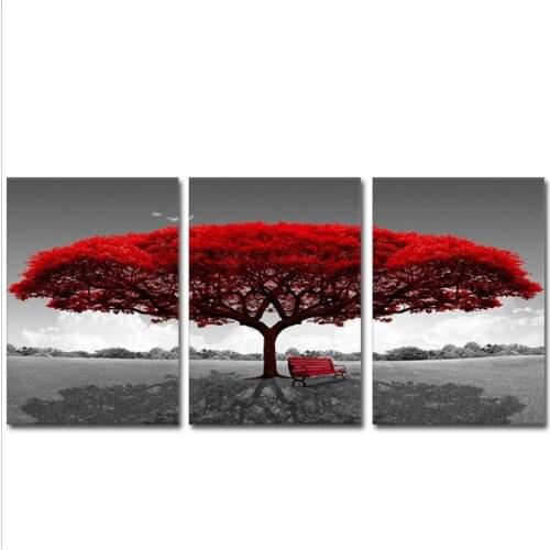 High Definition 3 Panels Red Tree Classic Wall Art Poster Blossoming on Canvas Paintings Home Decor