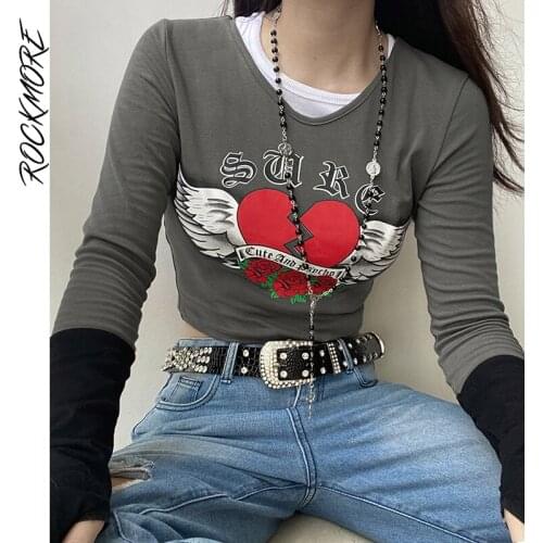 Rockmore Graphics Print Tee Shirt Women Casual Long Sleeve Crop Top Aesthetic Patchwork T-shirt Autumn 90s Grunge Clothes