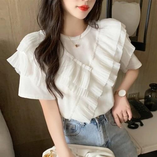 Ruffles Chiffon T Shirt Women Tops Solid Short Sleeve Summer 2021 Camisetas De Mujer Korean Elegant Fashion T-shirt Sweet Tops