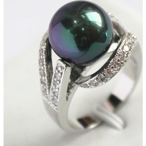 New Style peacock- black 12MM Bead Plated Inlay CZ South Sea Shell Pearl Gift Fashion Rings For Women Free shipping